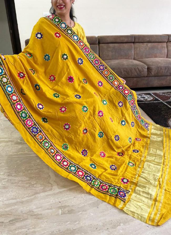 Silk Yellow Navratri Wear Embroidery Work Dupatta